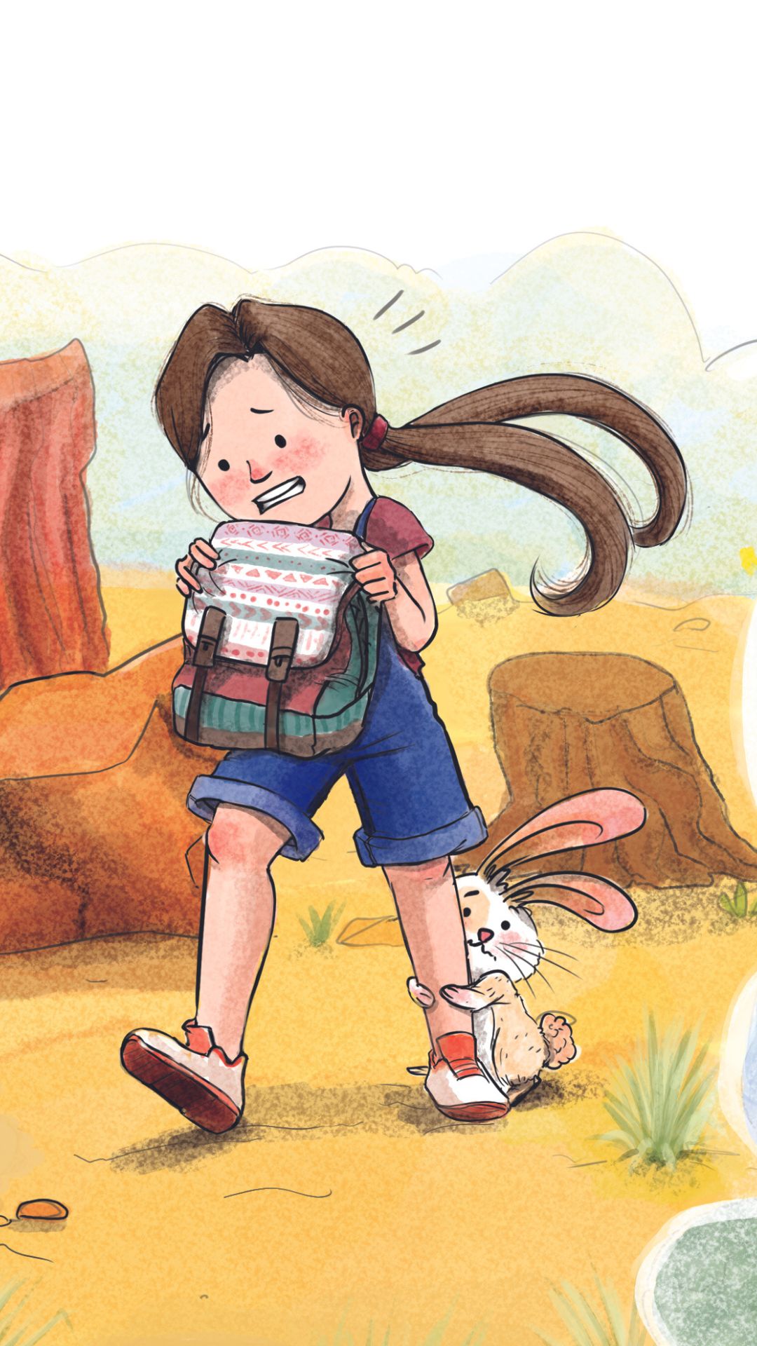 Ella scared holding her backpack